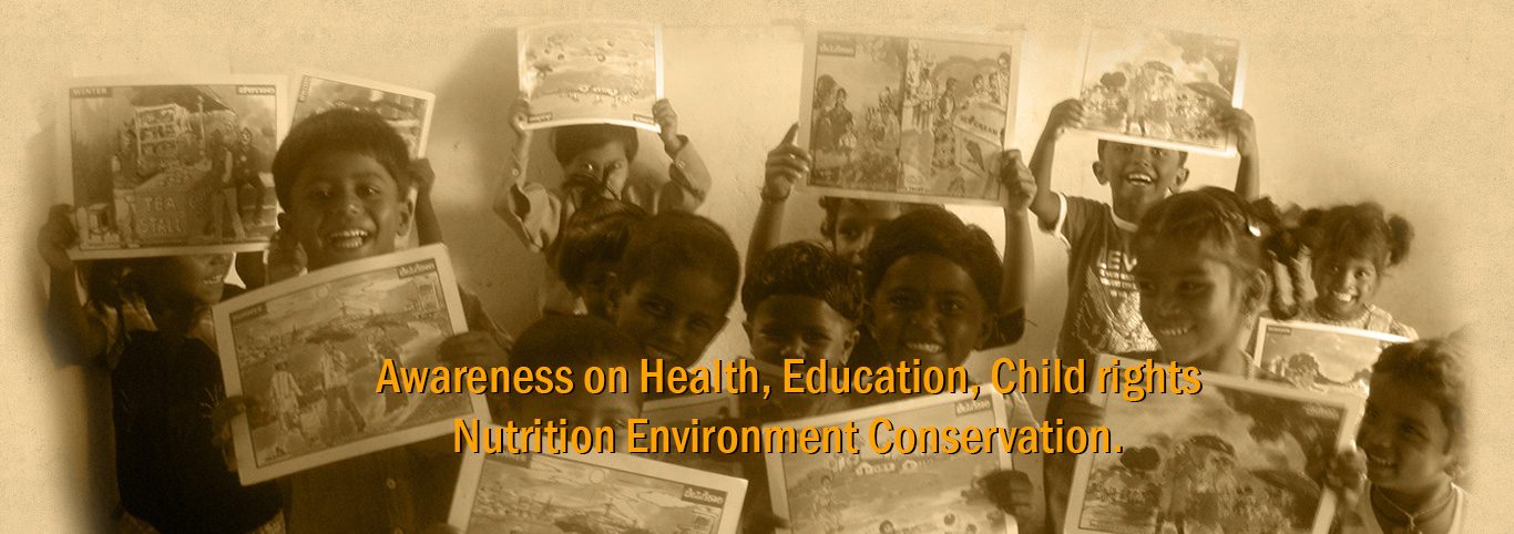 Children holding drawings - awareness on health, education, child rights, nutrition and environment conservation